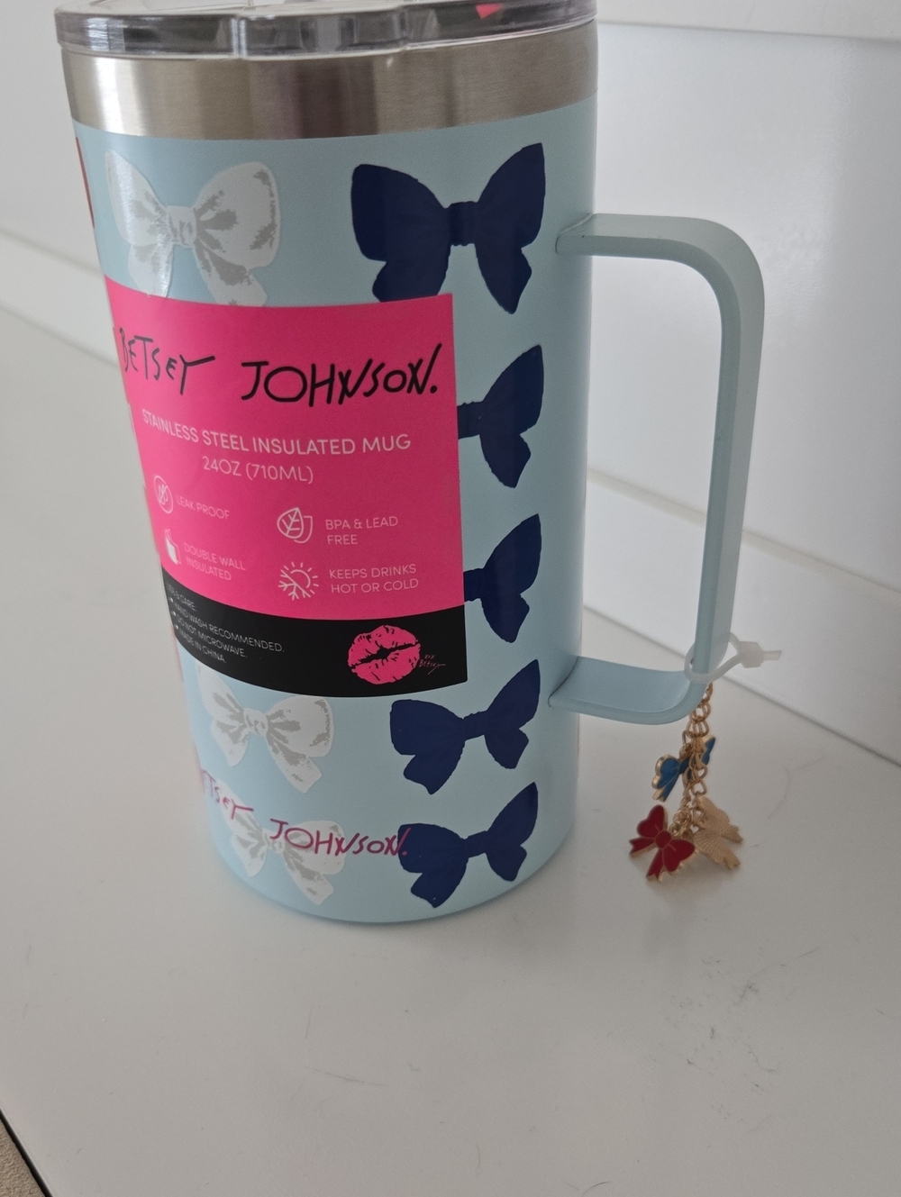 Betsey Johnson Light Blue Travel Mug with Navy and White Bows 24oz Scrap Bottom